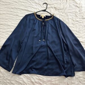 Satin Midnight Blue Michael Kors Blouse with Gold Chain Detail
